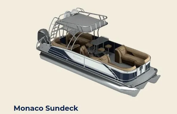 Slide: The Image of 2024 Godfrey Monaco 235SD pontoon boat with sundeck, featuring luxurious seating and modern design. - 33