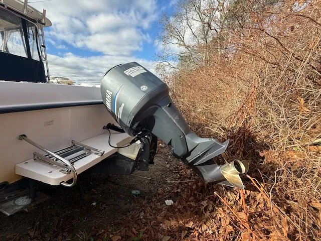 Slide: The Image of 2002 Grady-White 232 Gulfstream boat with Yamaha outboard motor, parked near dry foliage. - 4