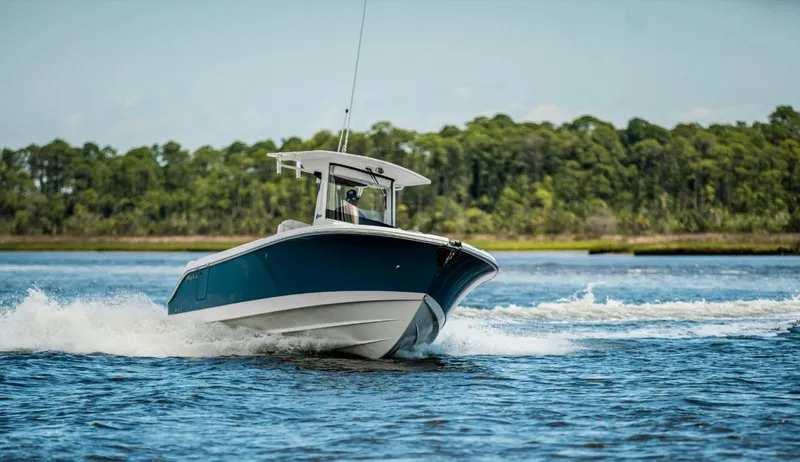 Slide: The Image of 2025 Edgewater 262CC boat cruising on a lake with forested shoreline. - 1