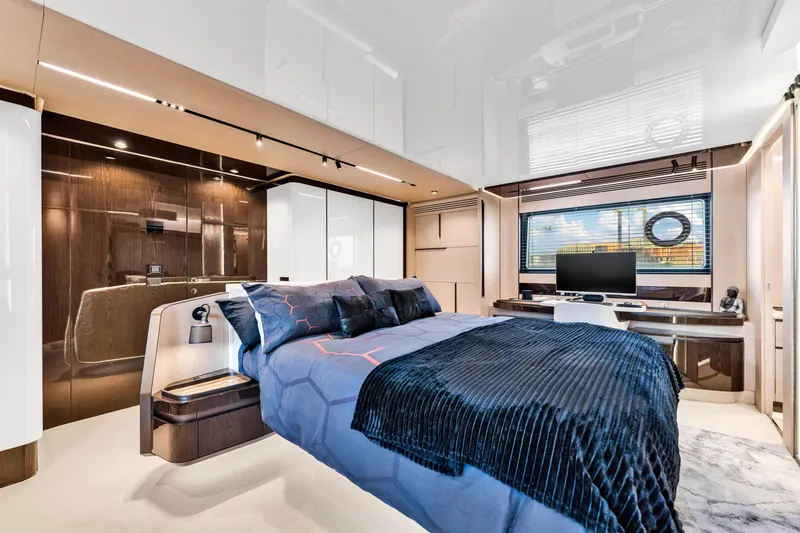 Slide: The Image of Luxurious bedroom interior of 2021 Azimut S10 yacht with modern design and elegant furnishings. - 30