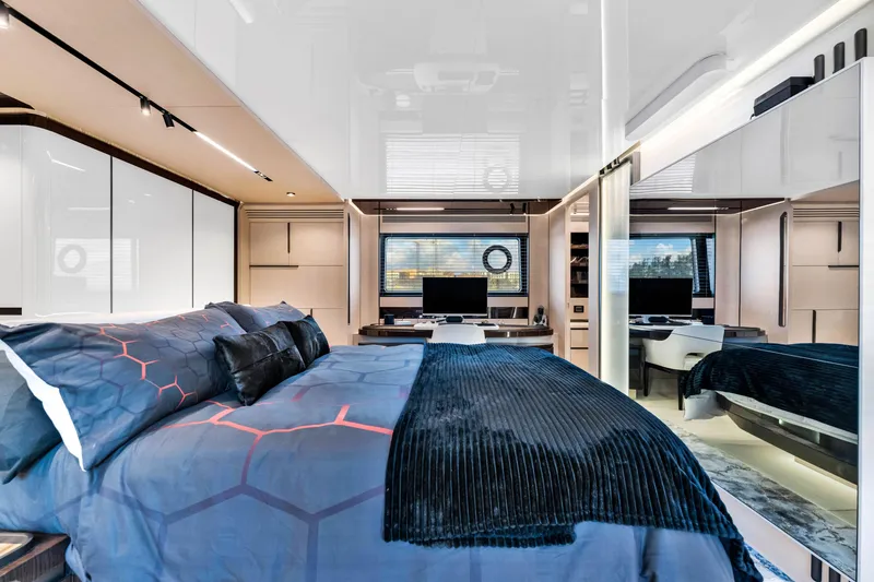 Slide: The Image of Luxurious bedroom interior of 2021 Azimut S10 yacht with modern design and elegant furnishings. - 34