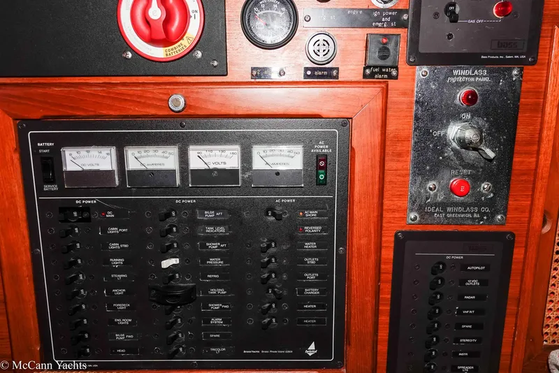 Slide: The Image of Control panel of a 1988 Bristol 41.1 Aft Cockpit yacht with gauges and switches. - 33