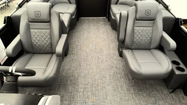 Slide: The Image of 2025 Godfrey Pontoons Sweetwater 2286 SB interior with luxurious gray seating and modern design. - 14