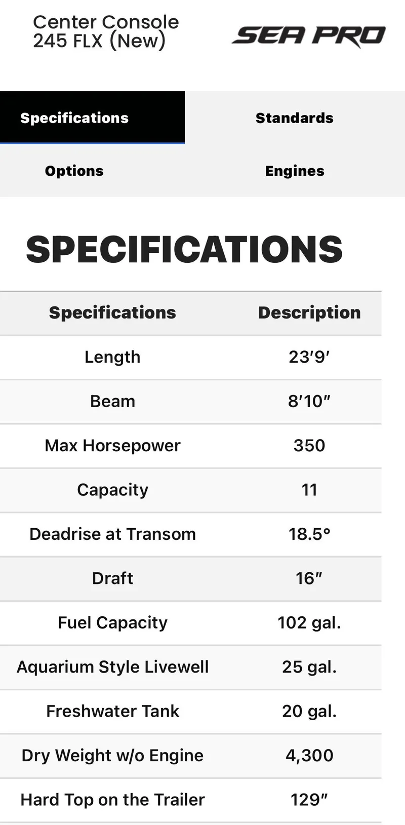 Slide: The Image of 2025 Sea Pro 245 FLX specifications: 23'9" length, 350 max horsepower, 11 capacity. - 40