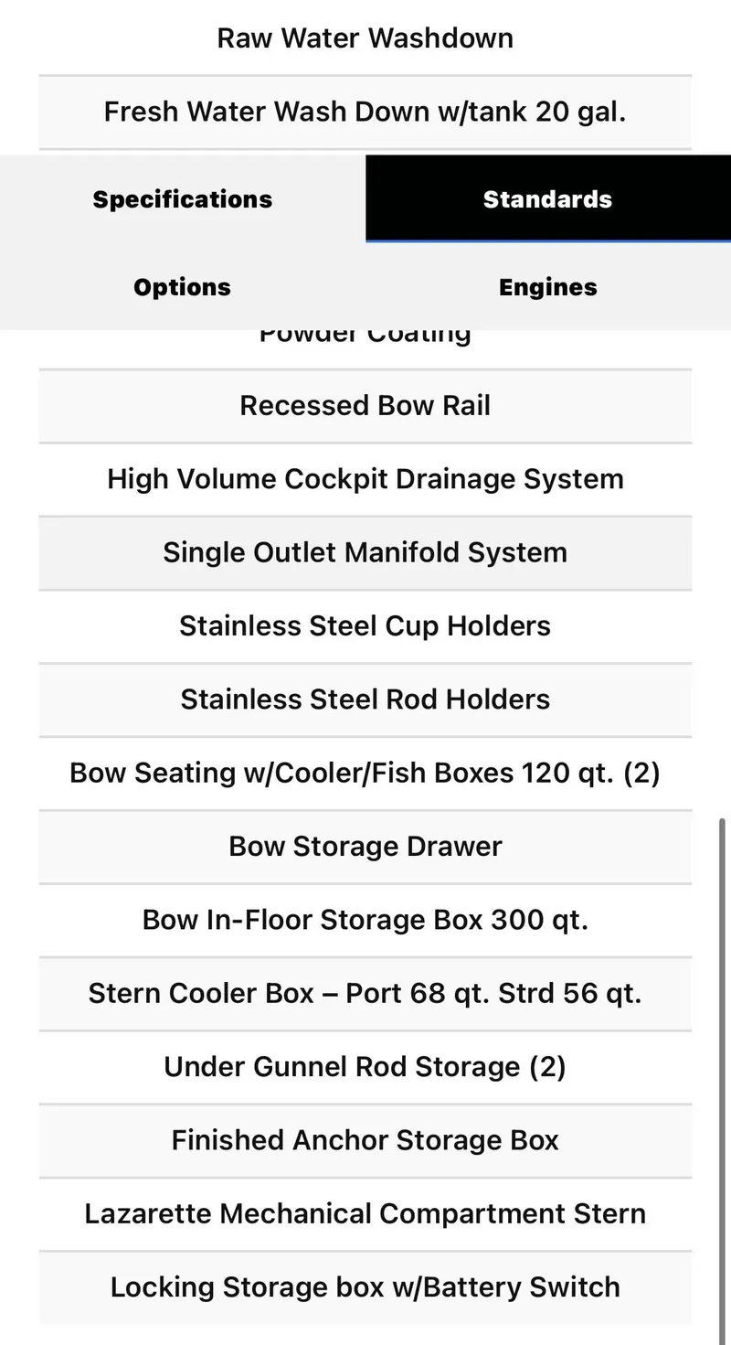 Slide: The Image of 2025 Sea Pro 245 FLX boat features and specifications list. - 44
