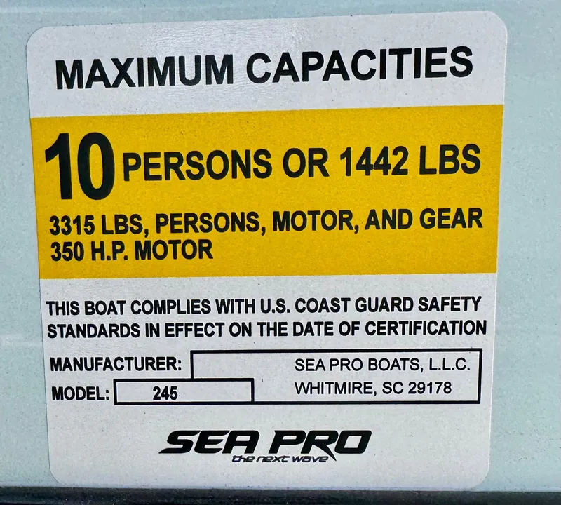 Slide: The Image of Sea Pro 245 FLX 2025 capacity label: 10 persons or 1442 lbs, 350 HP motor. - 53