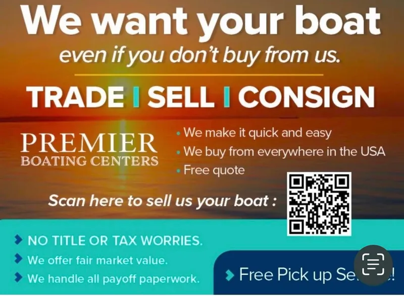 Slide: The Image of Premier Boating Centers ad for trading, selling, consigning boats; features QR code and service details. - 3