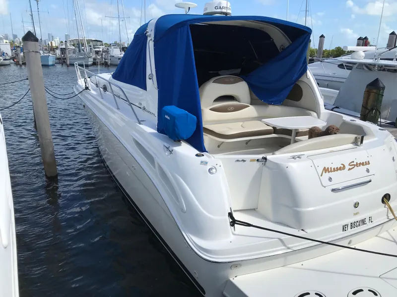 Slide: The Image of 2001 Sea Ray Sundancer yacht docked, featuring blue canopy and spacious deck. - 3
