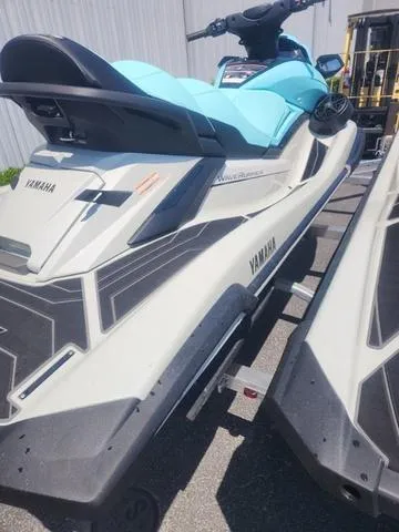 Slide: The Image of 2025 Yamaha WaveRunner FX Cruiser HO in light blue and white on a trailer. - 3