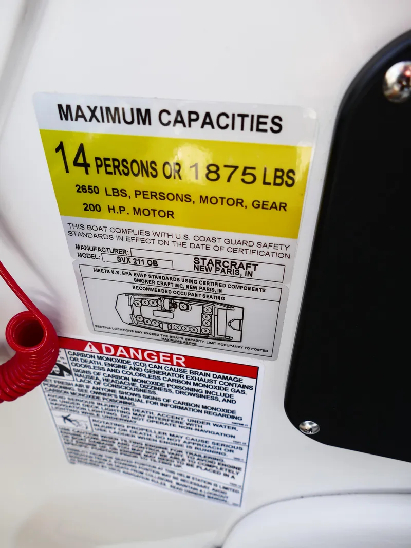 Slide: The Image of Capacity label for 2025 Starcraft SVX 211 OB boat, 14 persons or 1875 lbs. - 39
