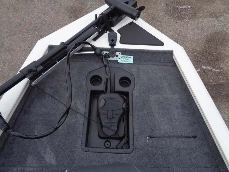 Slide: The Image of 2025 Tracker Pro Team 175 boat deck with trolling motor and foot pedal. - 10