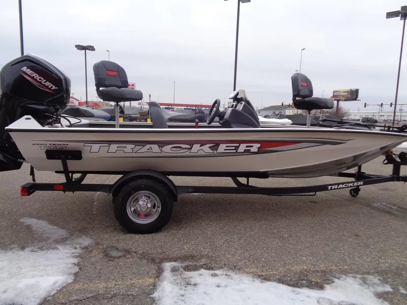 Slide: The Image of 2025 Tracker Pro Team 175 fishing boat on trailer, side view. - 3