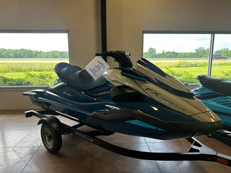 Slide: The Image of 2025 Yamaha WaveRunner FX Limited SVHO on display indoors, mounted on a trailer. - 10