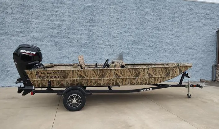 The Image of 2025 Lowe Roughneck RX1860 SC boat with camouflage design on a trailer. - 0