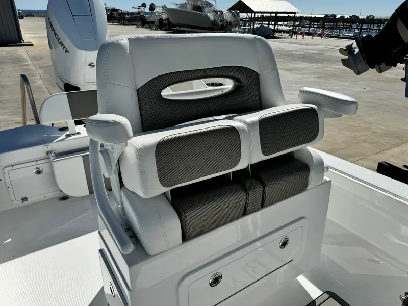 Slide: The Image of 2025 BlackJack 256 Coastal boat seat with armrests, docked at marina. - 12