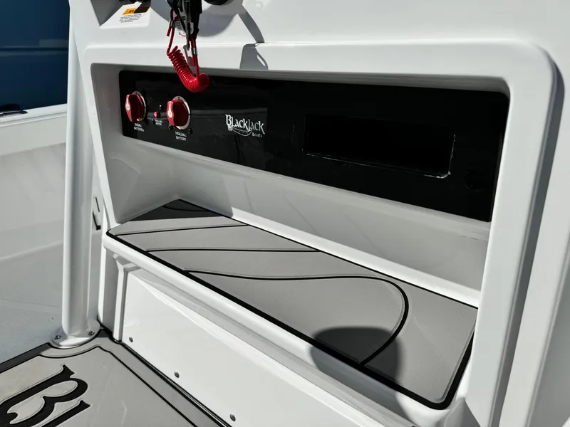 Slide: The Image of 2025 BlackJack 256 Coastal boat dashboard with control panel and storage compartment. - 15