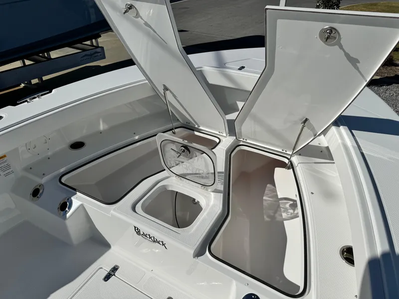 Slide: The Image of 2025 BlackJack 256 Coastal boat with open storage compartments. - 27