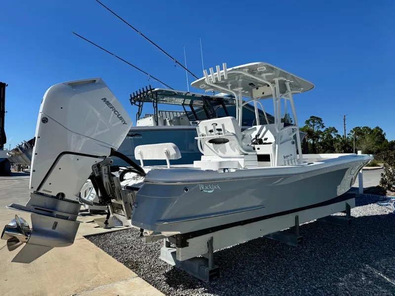 Slide: The Image of 2025 BlackJack 256 Coastal boat with Mercury outboard engine, displayed outdoors. - 5