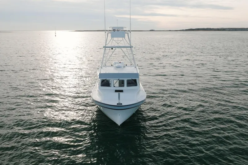 Slide: The Image of 2023 Millennium Marine NuWave 37 boat on calm water at sunset. - 3