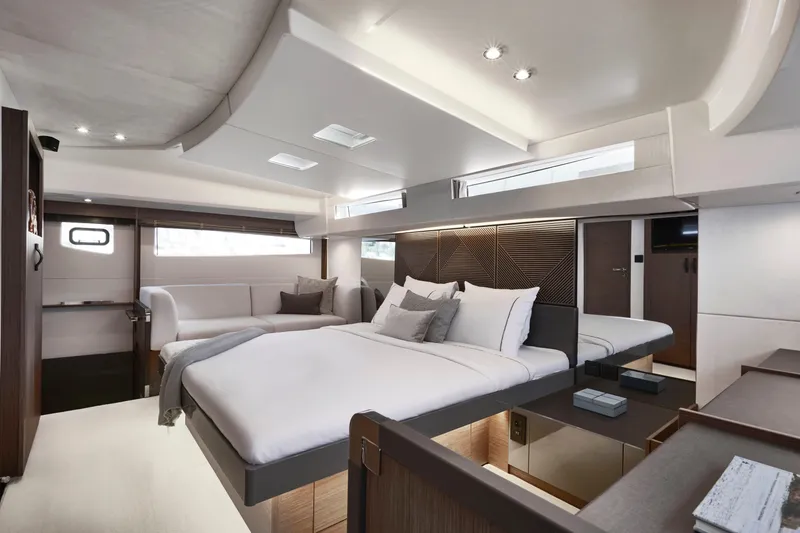 Slide: The Image of Luxurious interior of 2025 Prestige M48 yacht with modern bedroom design. - 23
