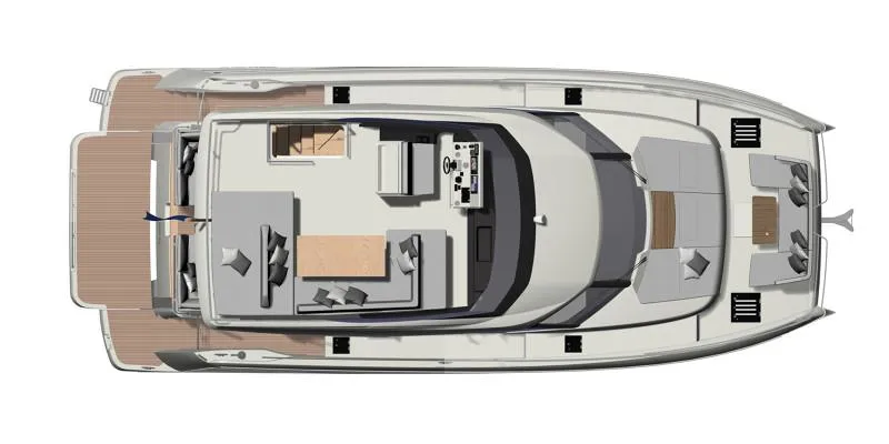 Slide: The Image of Top view of 2025 Prestige M48 yacht layout, showcasing spacious deck and seating areas. - 28