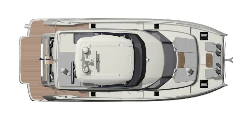 Slide: The Image of Top view of 2025 Prestige M48 yacht, showcasing sleek design and spacious deck layout. - 29