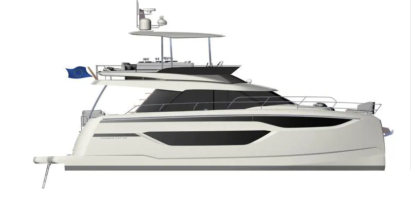 Slide: The Image of 2025 Prestige M48 yacht, sleek design, side view with European flag. - 31