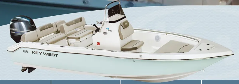 Slide: The Image of 2025 Key West 189 FS boat with Yamaha engine, featuring sleek design and comfortable seating. - 1