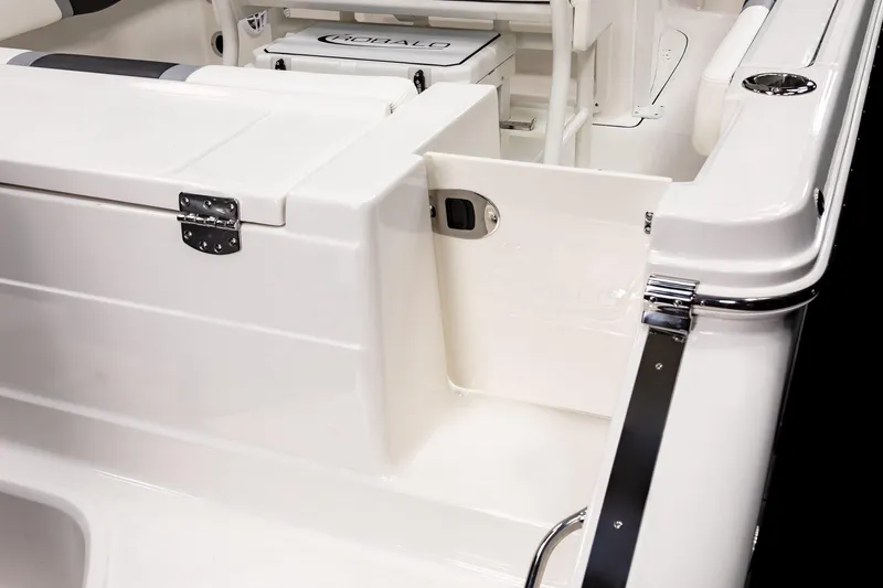Slide: The Image of 2025 Robalo R230 Center Console boat interior, featuring sleek white design and modern fittings. - 16