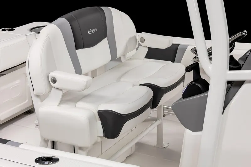 Slide: The Image of 2025 Robalo R230 Center Console boat seating, featuring white and gray cushioned design. - 7