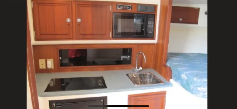Slide: The Image of 2006 Carolina Classic 35 interior with kitchenette, featuring microwave, stove, sink, and wooden cabinets. - 16
