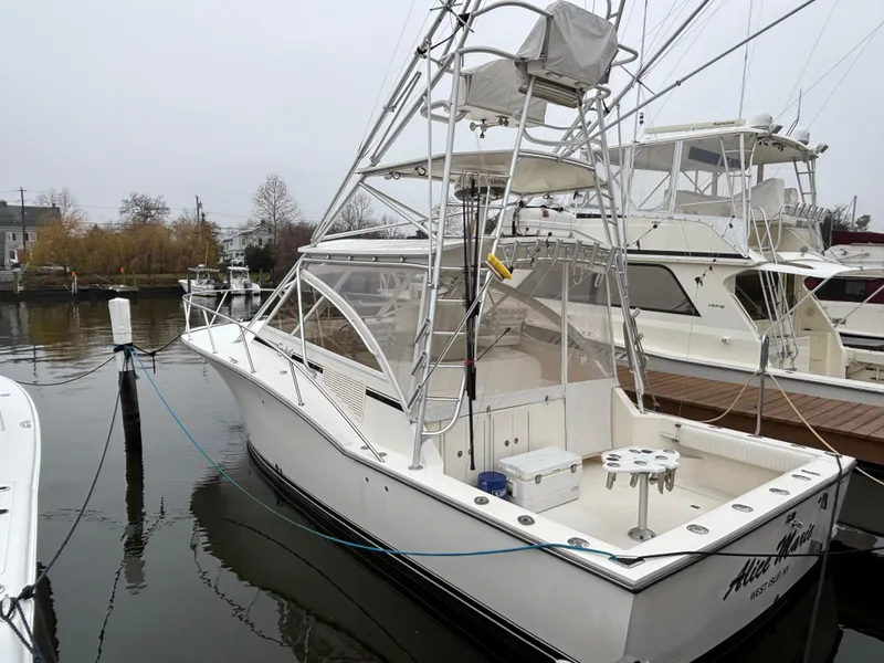 Slide: The Image of 2006 Carolina Classic 35 boat docked in marina, featuring fishing tower and spacious deck. - 5