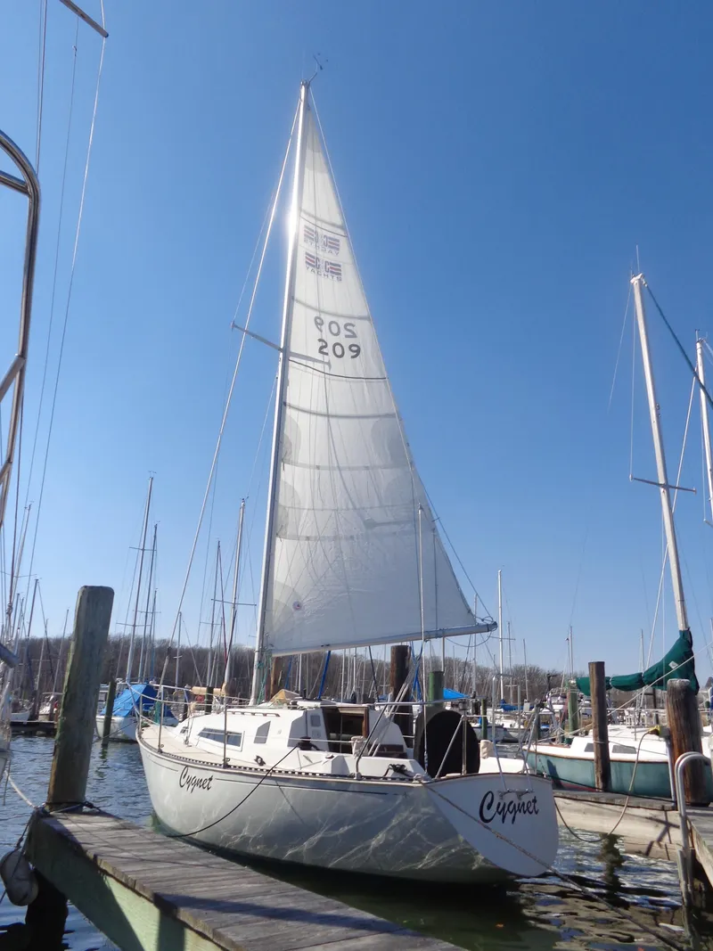 Slide: The Image of 1983 C&C 29 MkII sailboat docked under clear blue sky. - 9