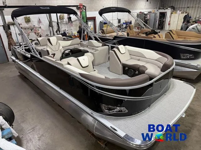 Slide: The Image of 2025 Tahoe LTZ 2385 Swingback pontoon boat in showroom, featuring Honda 4-Stroke EFI engine. - 47