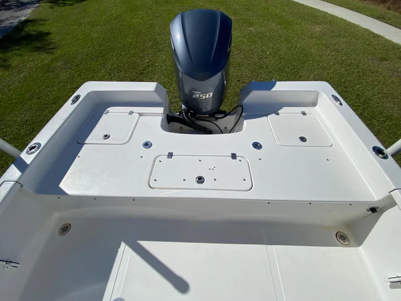 Slide: The Image of 2018 Tidewater 2400 Bay Max boat with powerful outboard motor on grassy area. - 29