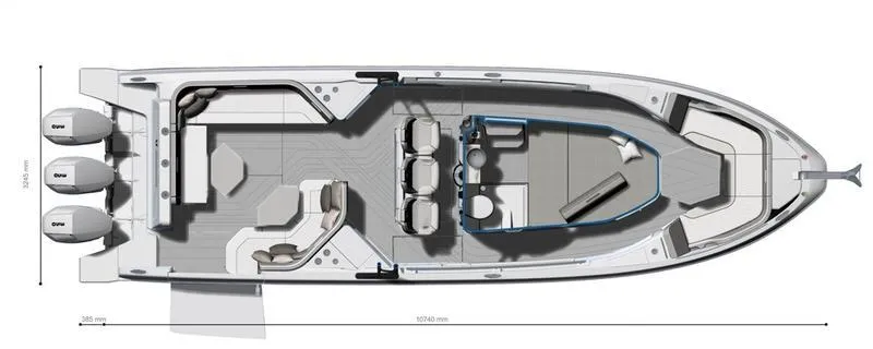 Slide: The Image of Top view of 2025 Wellcraft 38 T-Top boat layout with triple engines. - 14