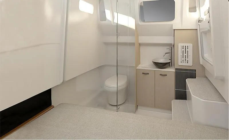 Slide: The Image of Modern bathroom interior of 2025 Wellcraft 38 T-Top boat, featuring sleek design and compact amenities. - 11