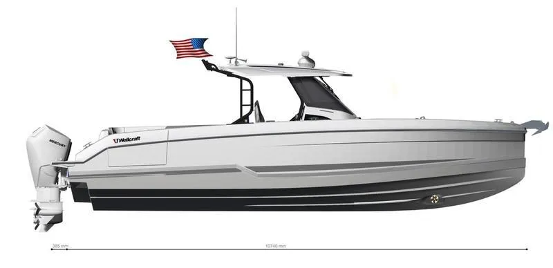 Slide: The Image of 2025 Wellcraft 38 T-Top boat with American flag, side view. - 12