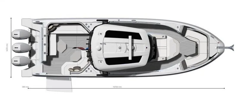 Slide: The Image of Top view of 2025 Wellcraft 38 T-Top boat with triple engines. - 14