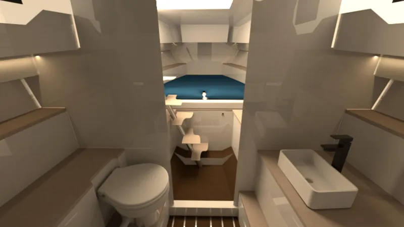 Slide: The Image of Luxurious interior of 2025 ALPHA TANGO YACHTS PR36c, featuring modern bathroom and cozy sleeping area. - 11