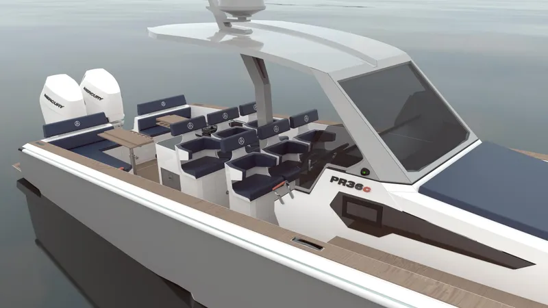 Slide: The Image of 2025 ALPHA TANGO YACHTS PR36c luxury boat with modern seating and dual Mercury engines. - 2