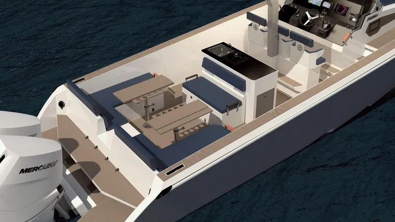 Slide: The Image of 2025 ALPHA TANGO YACHTS PR36c interior with seating, helm, and outboard engines. - 4