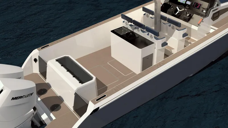 Slide: The Image of 2025 ALPHA TANGO YACHTS PR36c interior with modern seating and control panel on open water. - 7