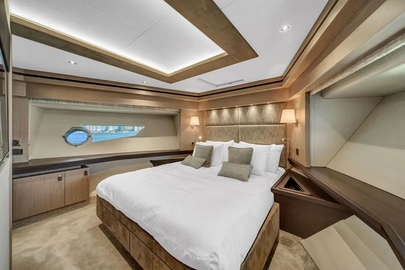 Slide: The Image of Luxurious bedroom interior of 2021 Sunseeker 86 Yacht with elegant design and cozy ambiance. - 33