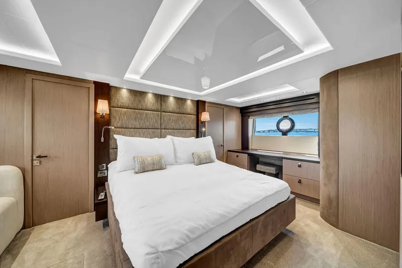 Slide: The Image of Luxurious bedroom interior of 2021 Sunseeker 86 Yacht with modern design and ocean view. - 48