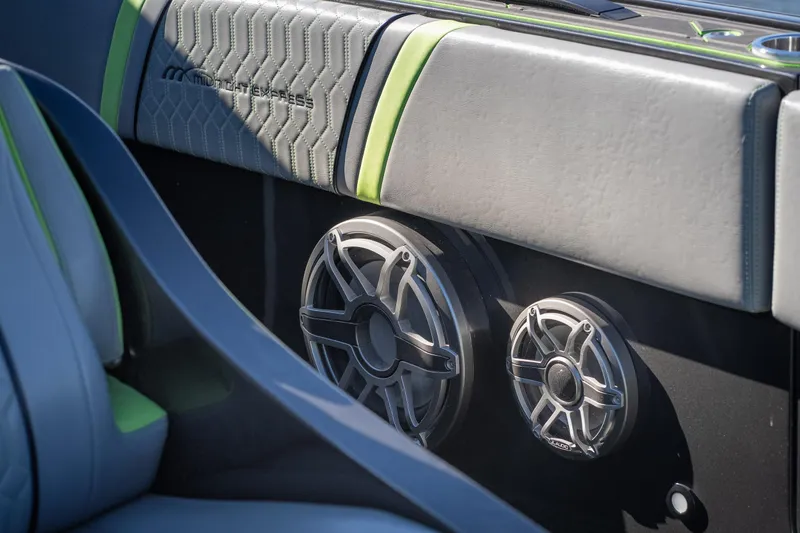 Slide: The Image of Midnight Express 43 Solstice 2022 boat interior with speakers and stylish upholstery. - 17