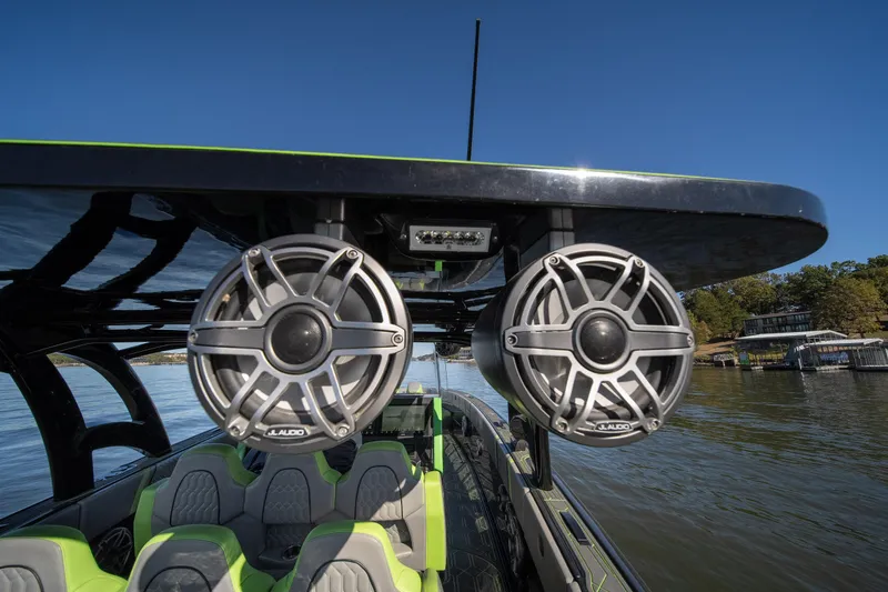 Slide: The Image of 2022 Midnight Express 43 Solstice boat with JL Audio speakers on the deck. - 34