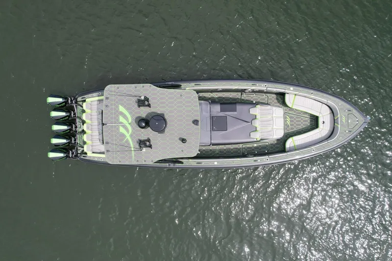 Slide: The Image of Aerial view of 2022 Midnight Express 43 Solstice boat on water. - 7