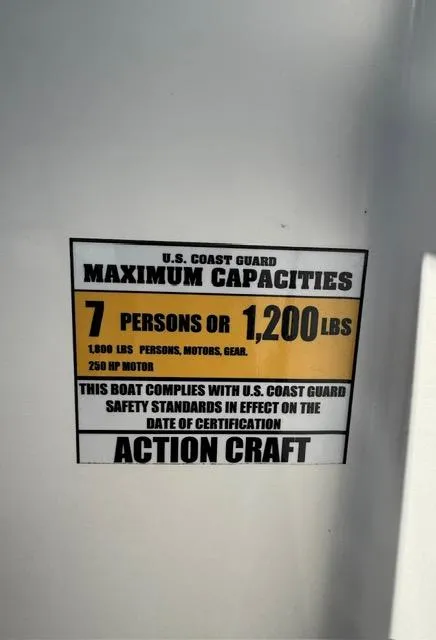 Slide: The Image of Action Craft 22 Coastal Bay 2024 boat capacity label: 7 persons or 1,200 lbs. - 33