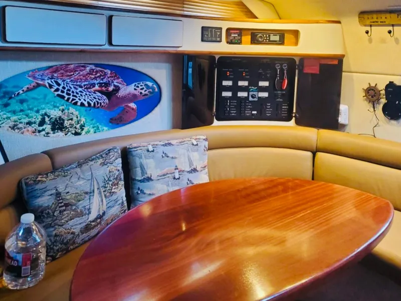 Slide: The Image of 1994 Sea Ray 400 Express Cruiser interior with turtle artwork and control panel. - 9